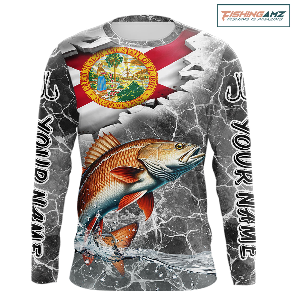Florida Redfish Camo Gray Custom Long Sleeve Performance Fishing Shirts, Florida Flag Fishing Jerseys NHT660