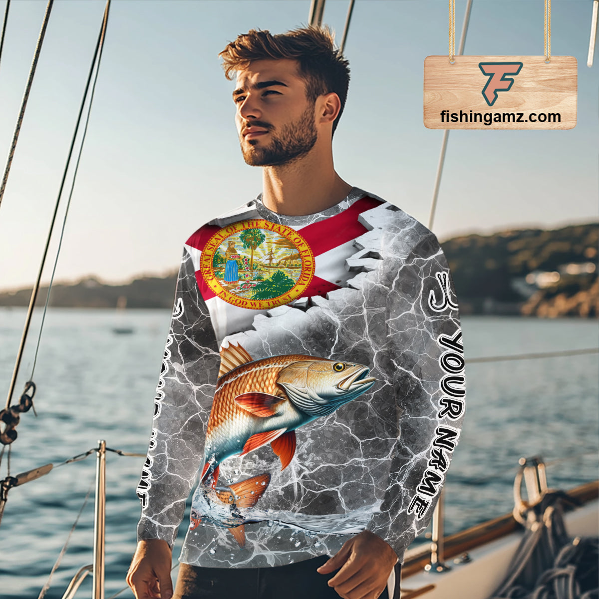 Florida Redfish Camo Gray Custom Long Sleeve Performance Fishing Shirts, Florida Flag Fishing Jerseys NHT660