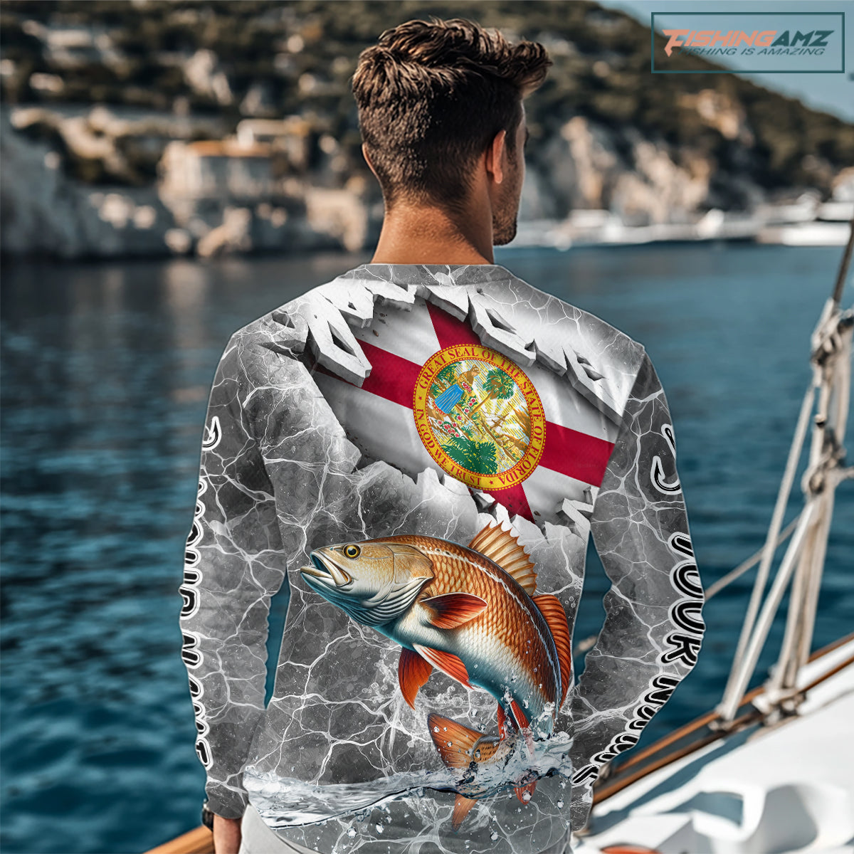 Florida Redfish Camo Gray Custom Long Sleeve Performance Fishing Shirts, Florida Flag Fishing Jerseys NHT660