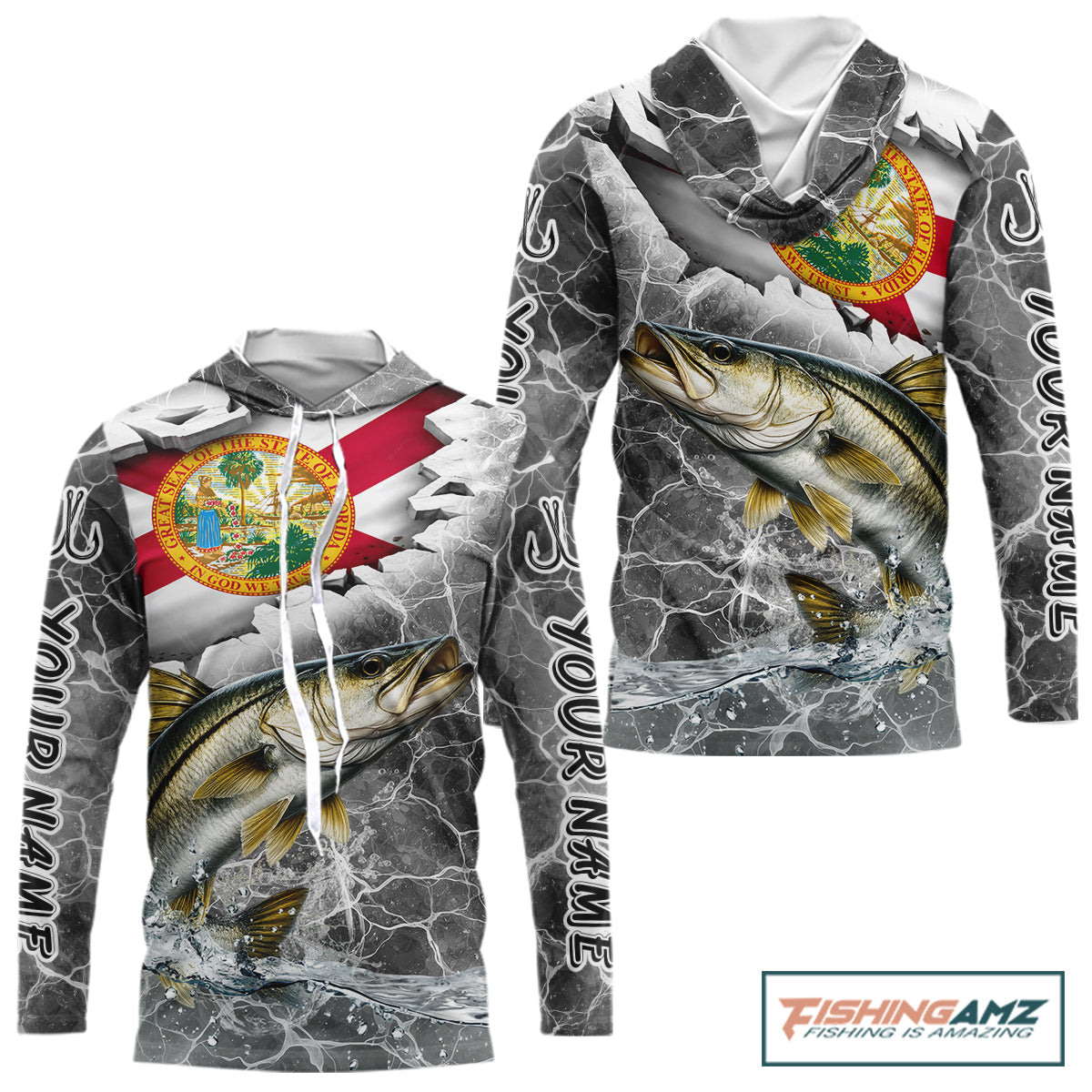 Florida Snook Camo Gray Custom Hooded Long Sleeve Performance Fishing Shirts, Florida Flag Fishing Jerseys NHT661