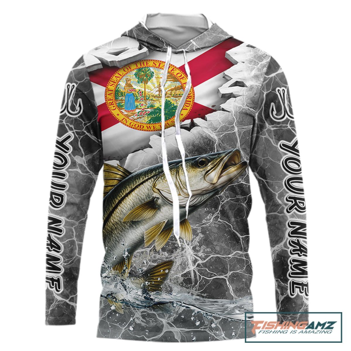 Florida Snook Camo Gray Custom Hooded Long Sleeve Performance Fishing Shirts, Florida Flag Fishing Jerseys NHT661