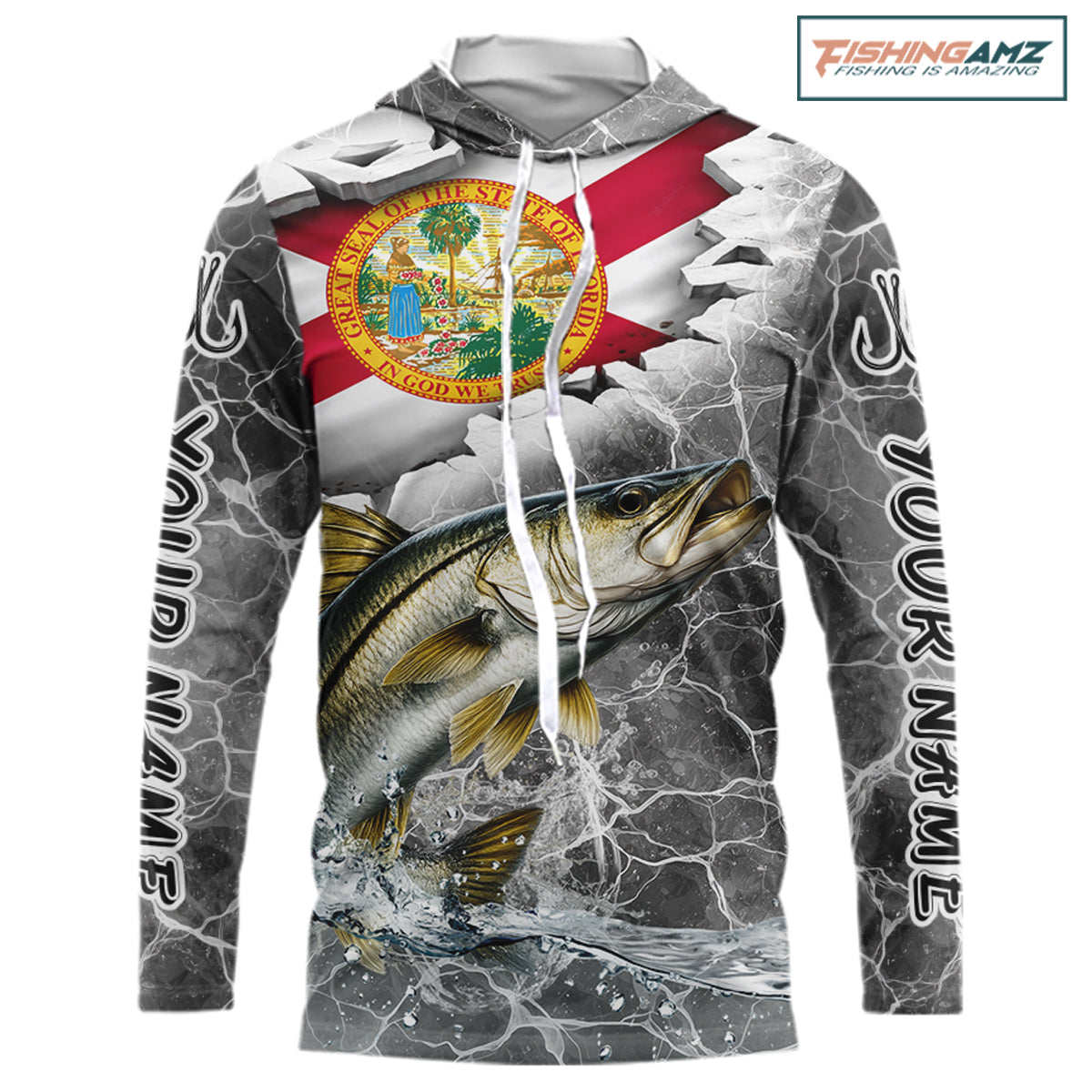 Florida Snook Camo Gray Custom Hooded Long Sleeve Performance Fishing Shirts, Florida Flag Fishing Jerseys NHT661