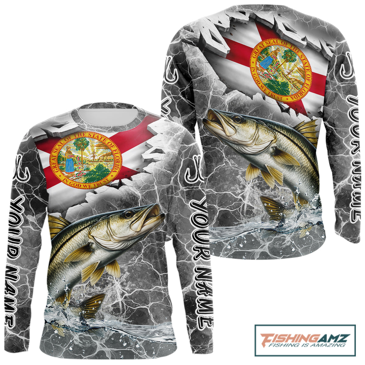 Florida Snook Camo Gray Custom Long Sleeve Performance Fishing Shirts, Florida Flag Fishing Jerseys NHT661