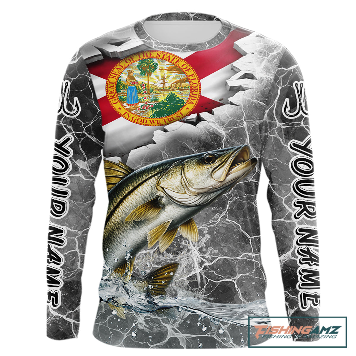 Florida Snook Camo Gray Custom Long Sleeve Performance Fishing Shirts, Florida Flag Fishing Jerseys NHT661