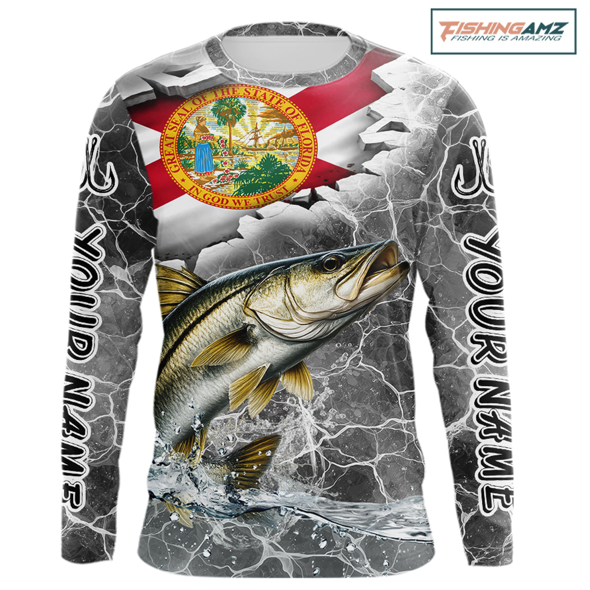 Florida Snook Camo Gray Custom Long Sleeve Performance Fishing Shirts, Florida Flag Fishing Jerseys NHT661