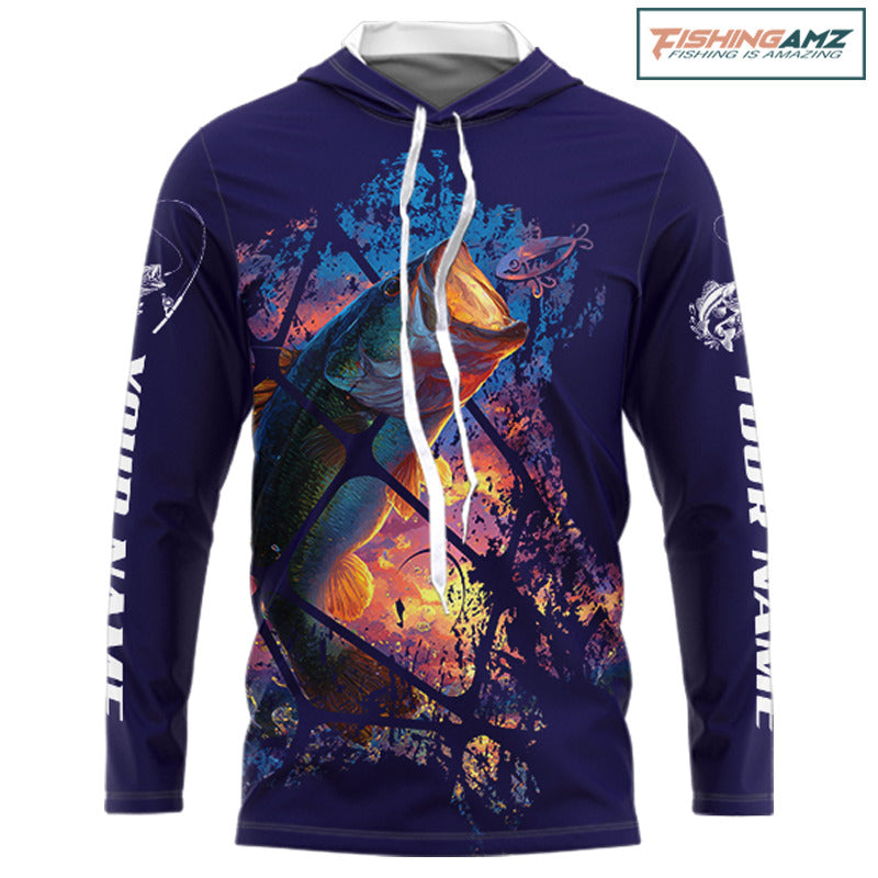 Largemouth Bass Artistic Long Sleeves Hooded Fishing Shirt Personalized Name NHT399