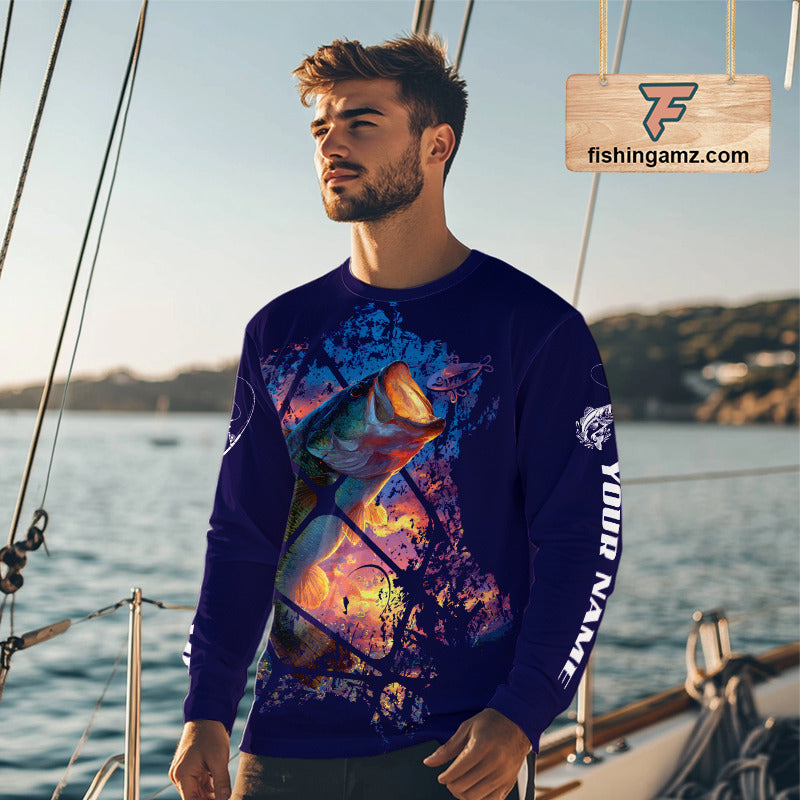 Largemouth Bass Artistic Long Sleeve Fishing Shirts Personalized Name NHT399
