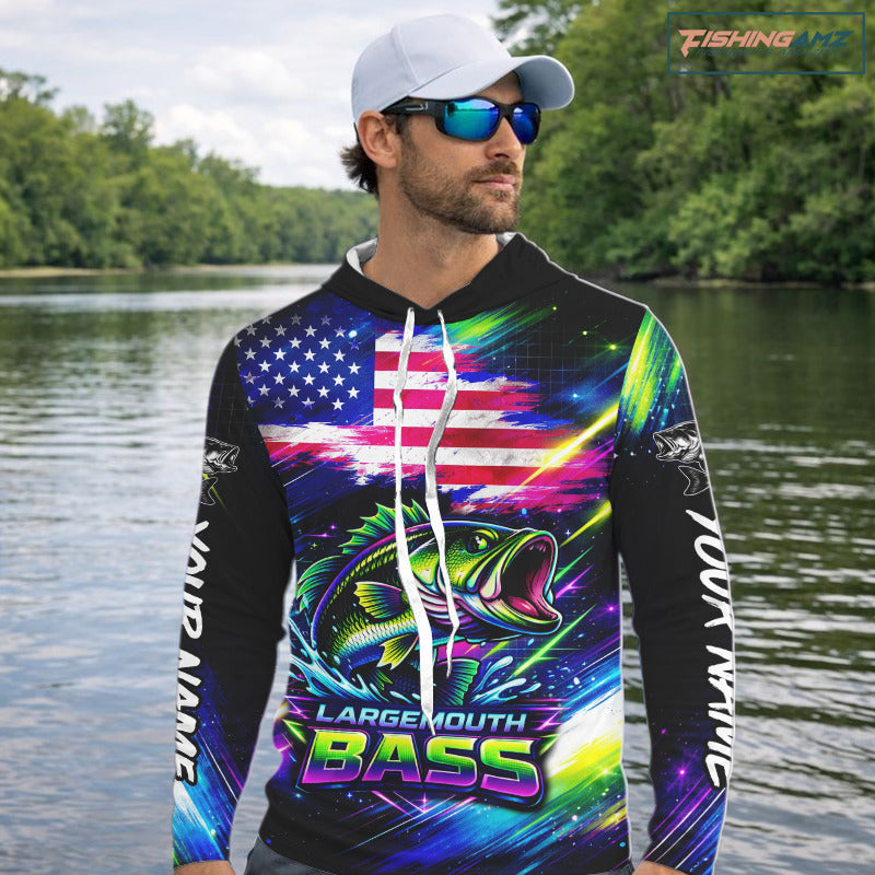 Personalized Bass Fishing Jerseys, Custom American Flag Fishing Shirts Long Sleeve Hooded For Men