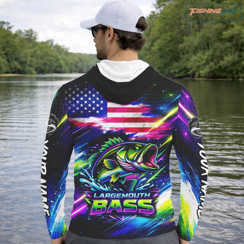 Personalized Bass Fishing Jerseys, Custom American Flag Fishing Shirts Long Sleeve Hooded For Men NHT458