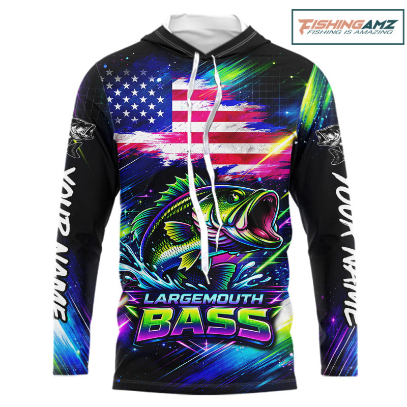 Personalized Bass Fishing Jerseys, Custom American Flag Fishing Shirts Long Sleeve Hooded For Men