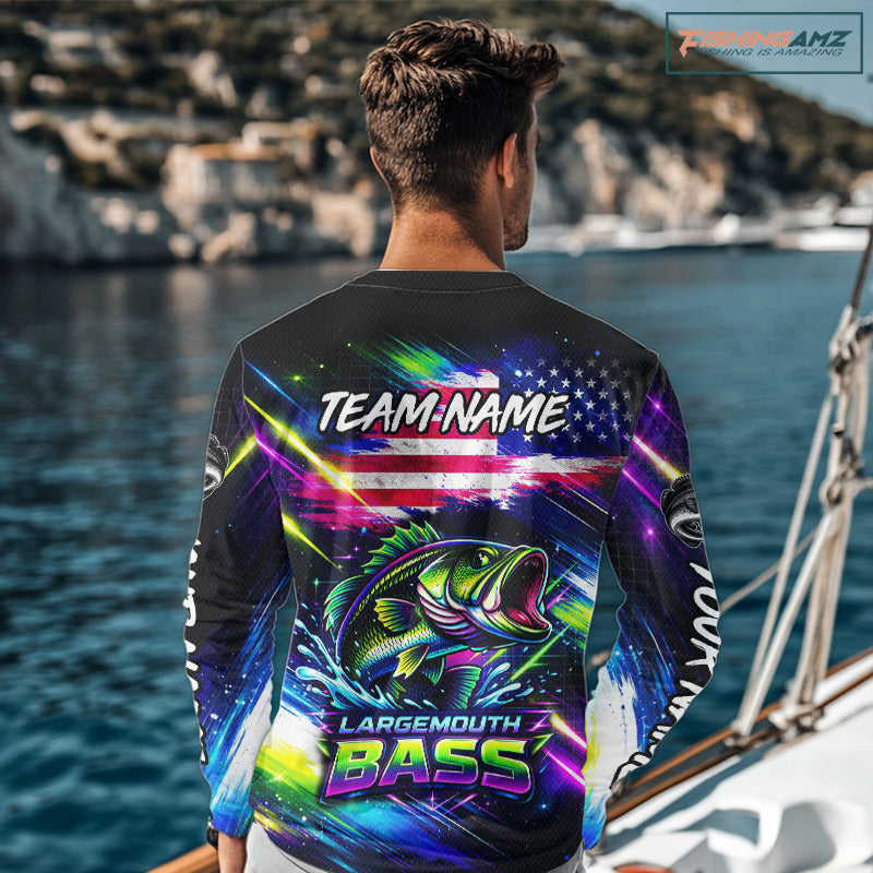 Personalized Bass Fishing Jerseys, Custom American Flag Fishing Shirts Long Sleeve For Men