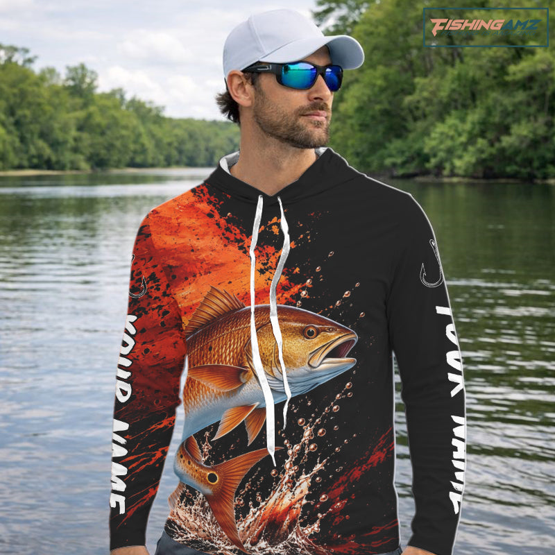 Redfish Fishing Jersey, Red Drum Fish Long Sleeve Hooded Shirt, Sport Fishing Shirt For Men NHT1536