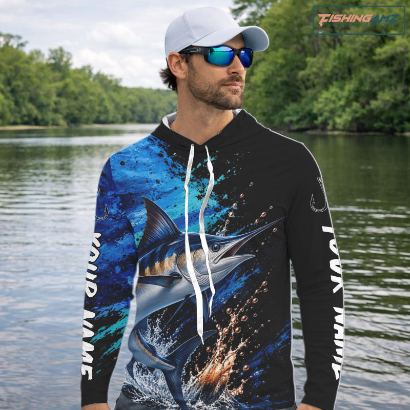 Marlin Fishing Jersey, Marlin Fish Long Sleeve Hooded Shirt, Sport Fishing Shirt For Men NHT1537