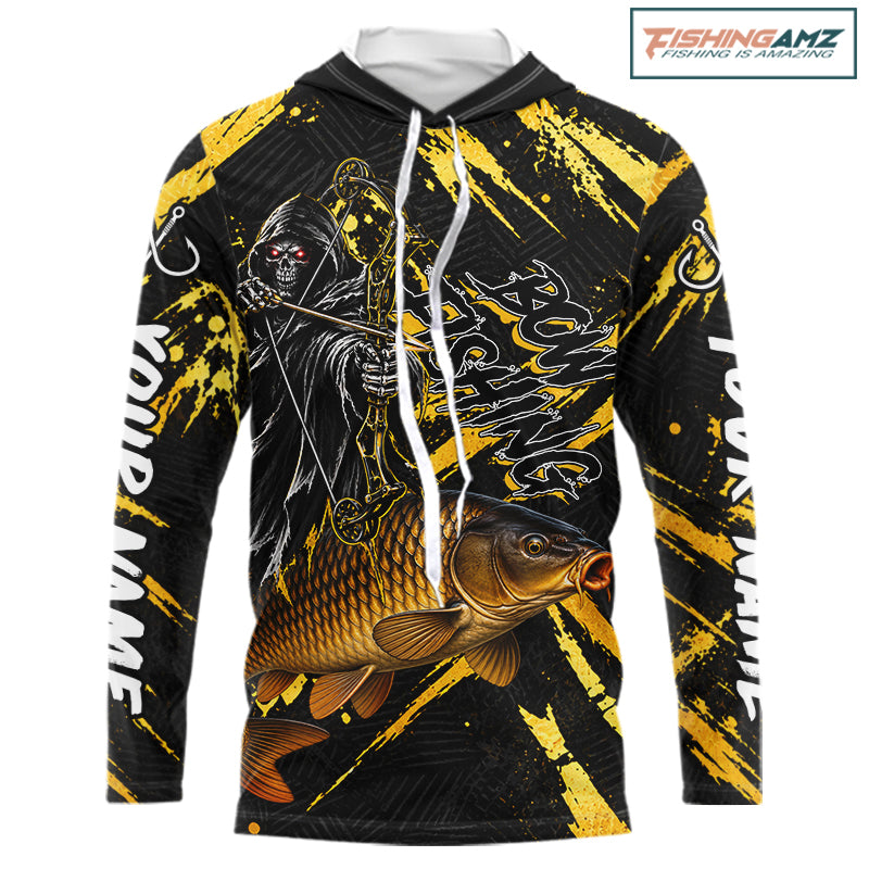 Carp Fishing Shirts Hooded Long Sleeve For Men, Grim Reaper Fishing Apparel, Bowfishing Gift NHT1378
