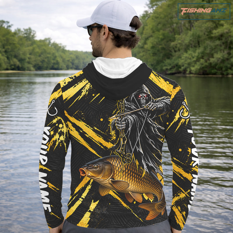 Carp Fishing Shirts Hooded Long Sleeve For Men, Grim Reaper Fishing Apparel, Bowfishing Gift NHT1378