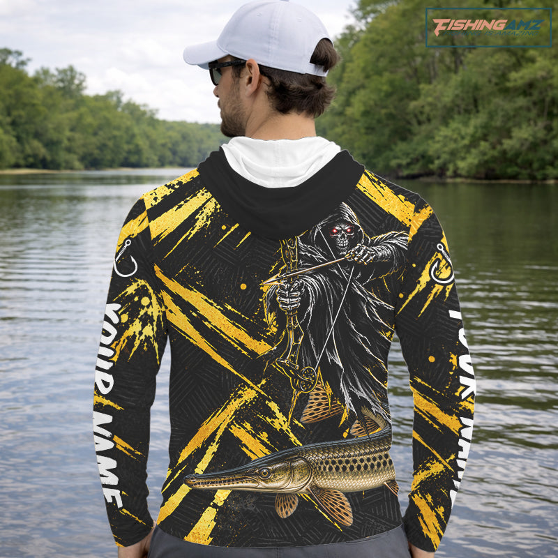 Alligator Gar Fishing Shirts Hoodeds Long Sleeve For Men, Grim Reaper Fishing Apparel, Bowfishing Gift NHT1379