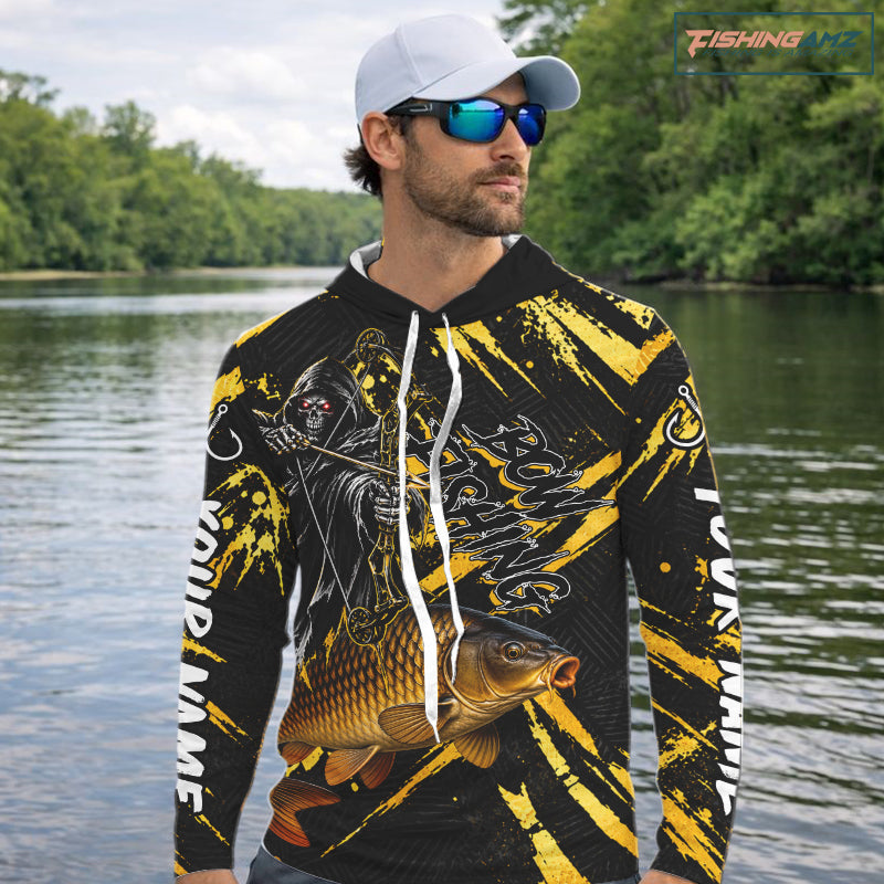 Carp Fishing Shirts Hooded Long Sleeve For Men, Grim Reaper Fishing Apparel, Bowfishing Gift NHT1378