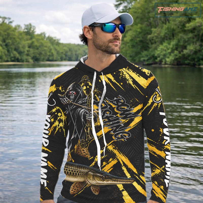 Alligator Gar Fishing Shirts Hoodeds Long Sleeve For Men, Grim Reaper Fishing Apparel, Bowfishing Gift NHT1379