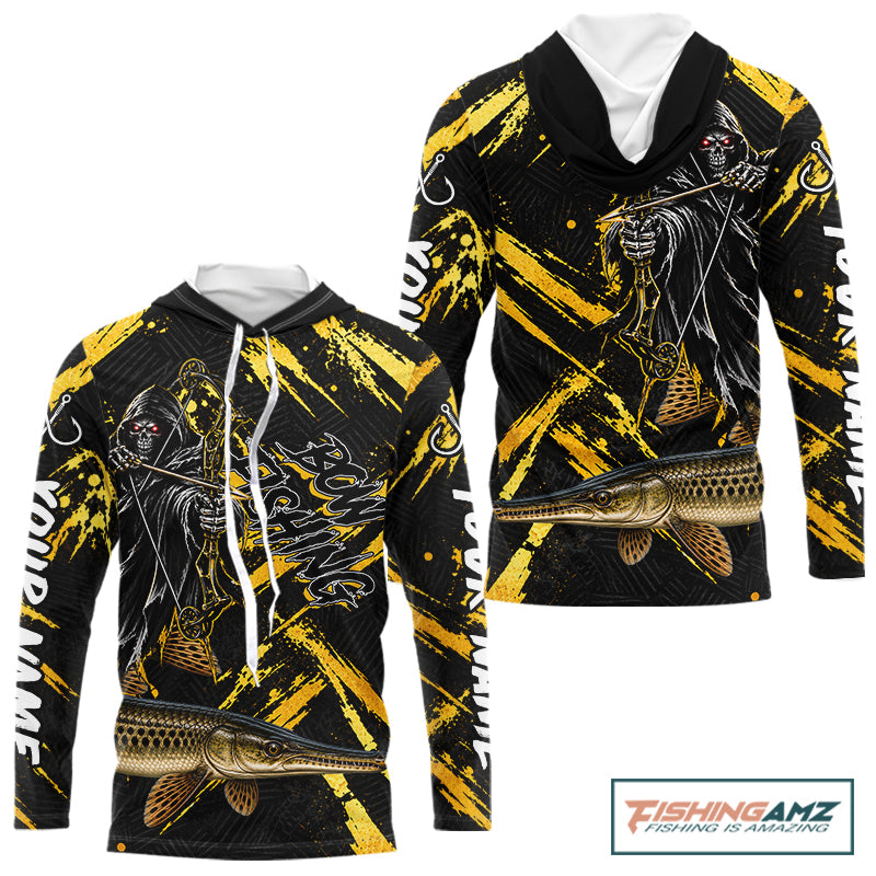 Alligator Gar Fishing Shirts Hoodeds Long Sleeve For Men, Grim Reaper Fishing Apparel, Bowfishing Gift NHT1379