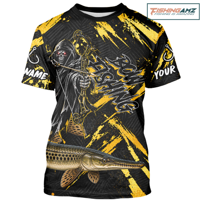 Alligator Gar Fishing Shirts Short Sleeves For Men, Grim Reaper Fishing Apparel, Bowfishing Gift NHT1379