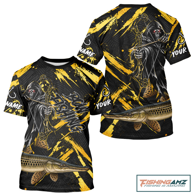 Alligator Gar Fishing Shirts Short Sleeves For Men, Grim Reaper Fishing Apparel, Bowfishing Gift NHT1379