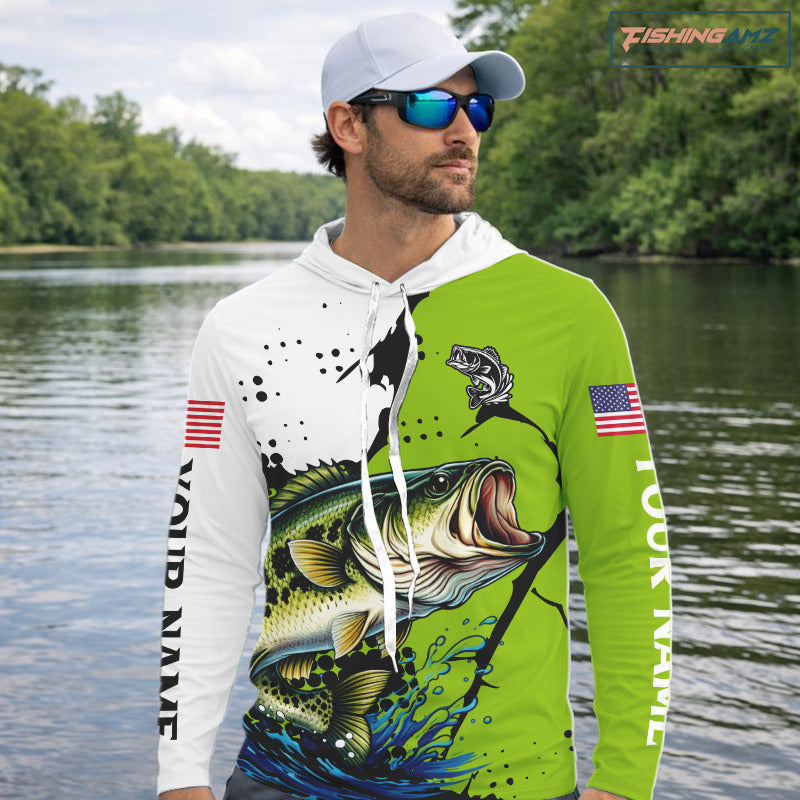 Green Camo Largemouth Bass Fishing Shirts Long Sleeve Hooded, Custom Big Bass Fishing Jerseys NHT481