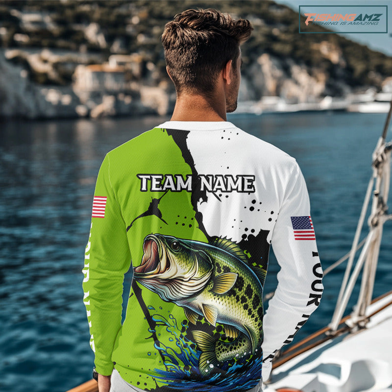Green Camo Largemouth Bass Fishing Shirts Long Sleeve, Custom Big Bass Fishing Jerseys NHT481
