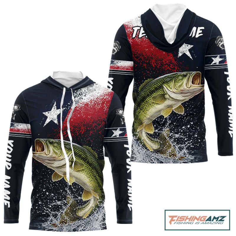Custom Vintage Bass Long Sleeve Hooded Patriotic Fishing Shirt For Men, Bass Texas Flag Fishing Shirt NHT764