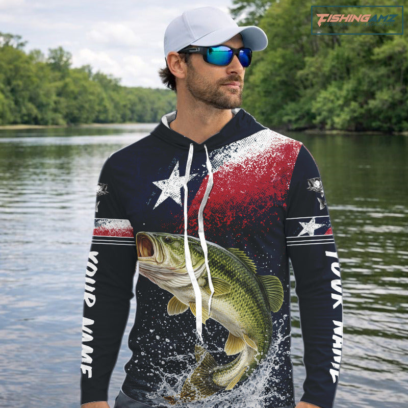Custom Vintage Bass Long Sleeve Hooded Patriotic Fishing Shirt For Men, Bass Texas Flag Fishing Shirt NHT764