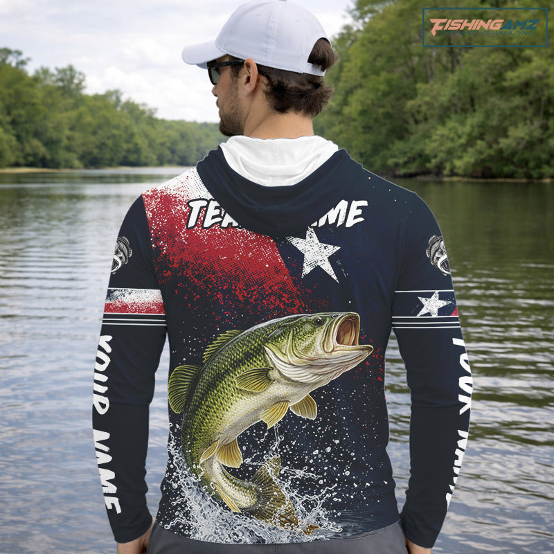 Custom Vintage Bass Long Sleeve Hooded Patriotic Fishing Shirt For Men, Bass Texas Flag Fishing Shirt NHT764