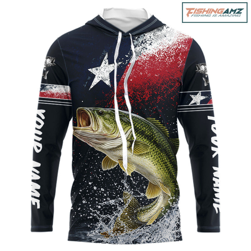Custom Vintage Bass Long Sleeve Hooded Patriotic Fishing Shirt For Men, Bass Texas Flag Fishing Shirt NHT764