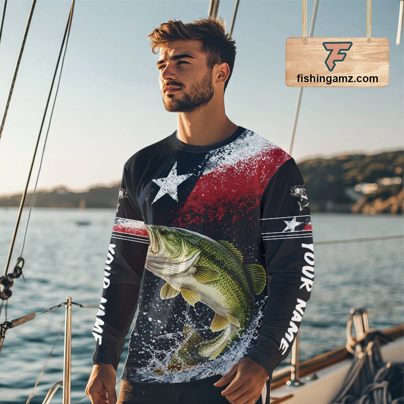Custom Vintage Bass Long Sleeve Patriotic Fishing Shirt For Men, Bass Texas Flag Fishing Shirt NHT764