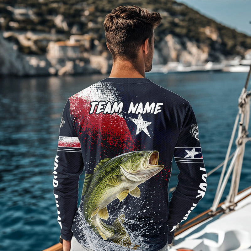 Custom Vintage Bass Long Sleeve Patriotic Fishing Shirt For Men, Bass Texas Flag Fishing Shirt NHT764