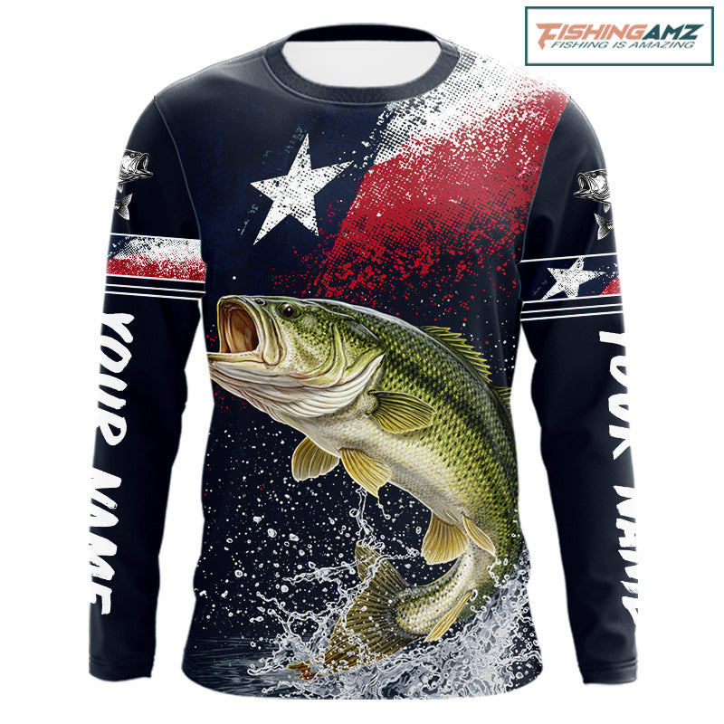 Custom Vintage Bass Long Sleeve Patriotic Fishing Shirt For Men, Bass Texas Flag Fishing Shirt NHT764
