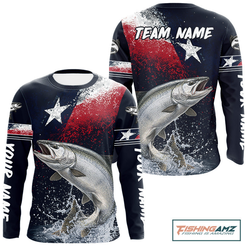 Custom Vintage Chinook Salmon Long Sleeve Patriotic Fishing Shirt For Men, Salmon Texas Flag Fishing Shirt NHT765