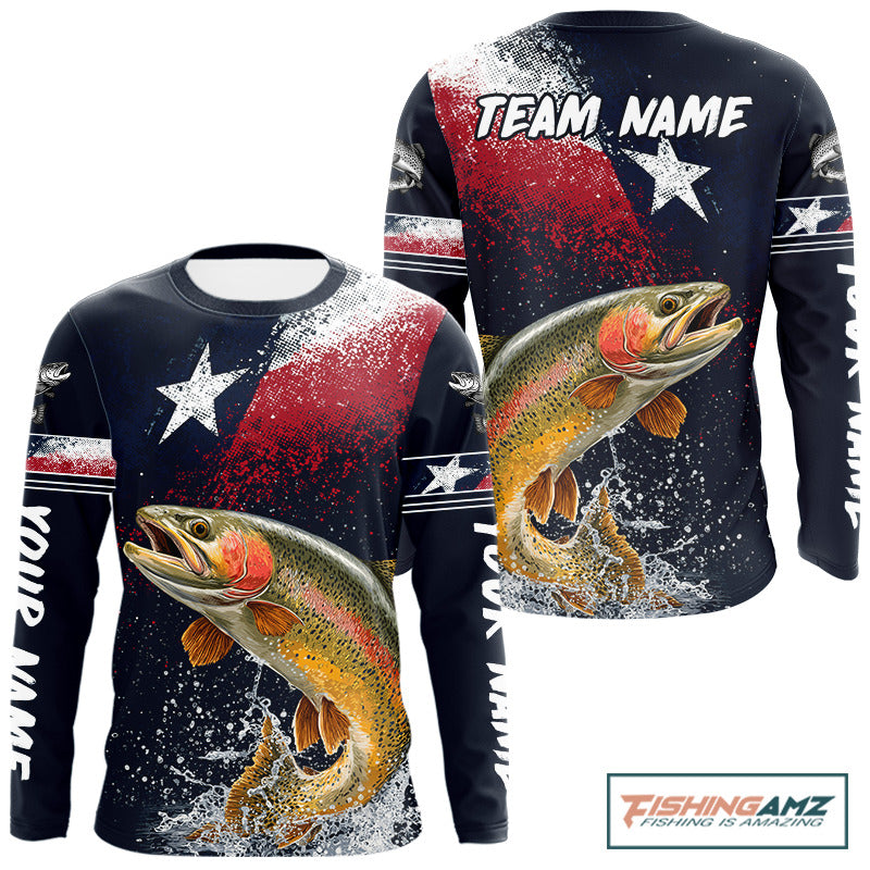 Custom Vintage Rainbow Trout Long Sleeve Patriotic Fishing Shirt For Men, Trout Texas Flag Fishing Shirt NHT766