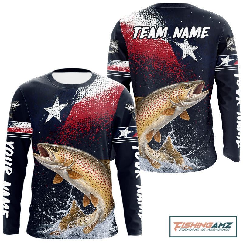 Custom Vintage Brown Trout Long Sleeve Patriotic Fishing Shirt For Men, Trout Texas Flag Fishing Shirt NHT767