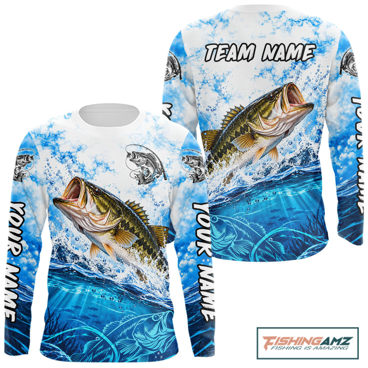 Blue Ocean Water Bass Fishing Shirt Long Sleeve Custom Outdoor Sports Performance Jersey NHT1730