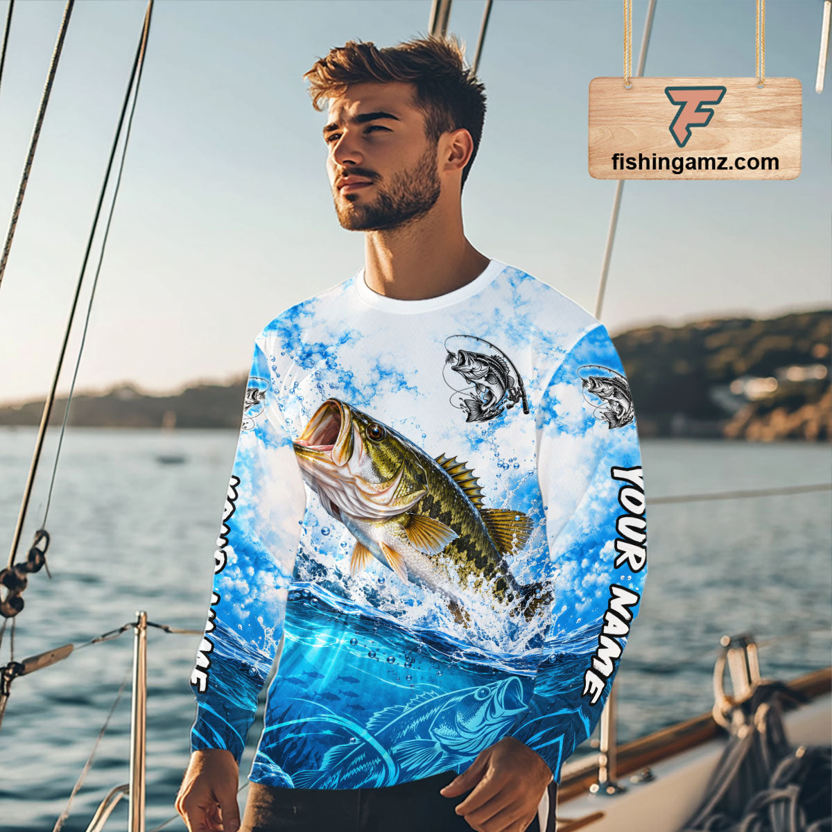 Blue Ocean Water Bass Fishing Shirt Long Sleeve Custom Outdoor Sports Performance Jersey NHT1730