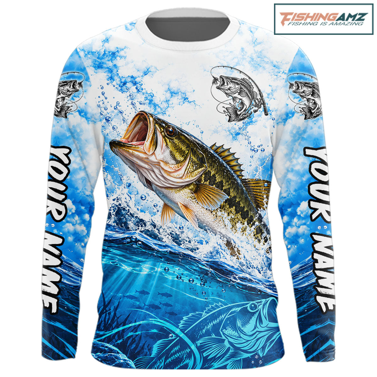 Blue Ocean Water Bass Fishing Shirt Long Sleeve Custom Outdoor Sports Performance Jersey NHT1730