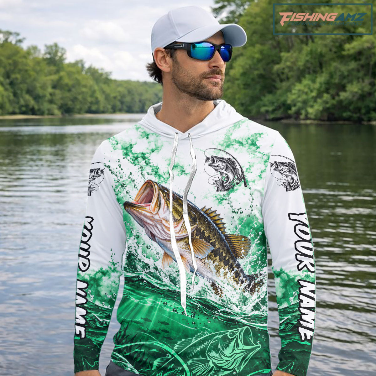 Green Ocean Water Bass Hooded Fishing Shirt Custom Outdoor Sports Performance Jersey NHT1731