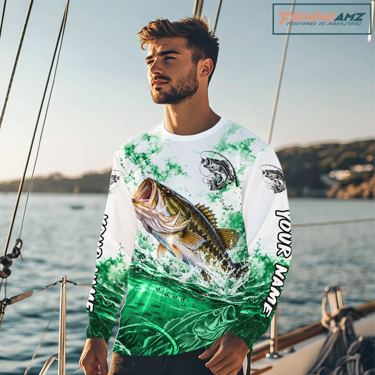 Green Ocean Water Bass Fishing Shirt Long Sleeve Custom Outdoor Sports Performance Jersey NHT1731