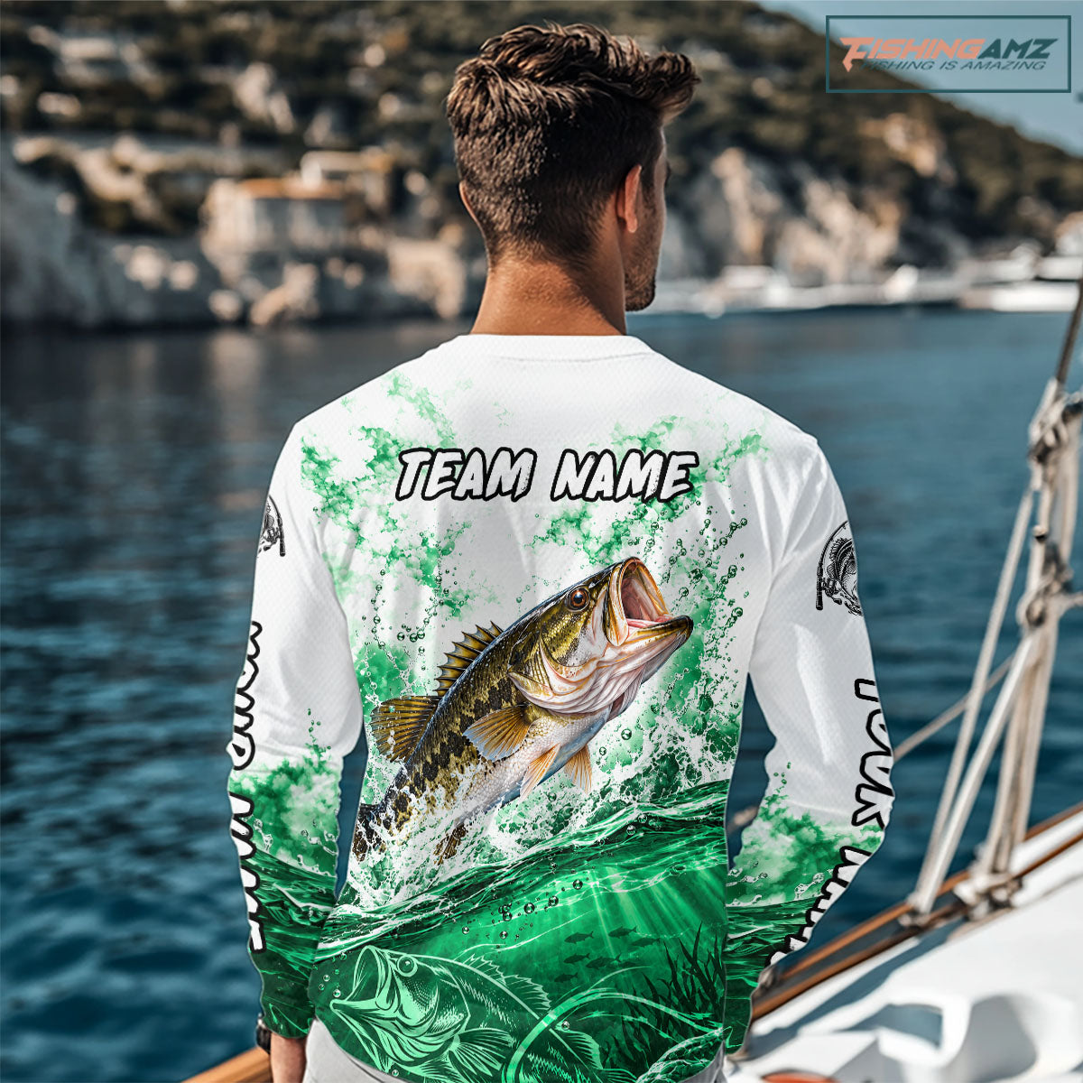 Green Ocean Water Bass Fishing Shirt Long Sleeve Custom Outdoor Sports Performance Jersey NHT1731