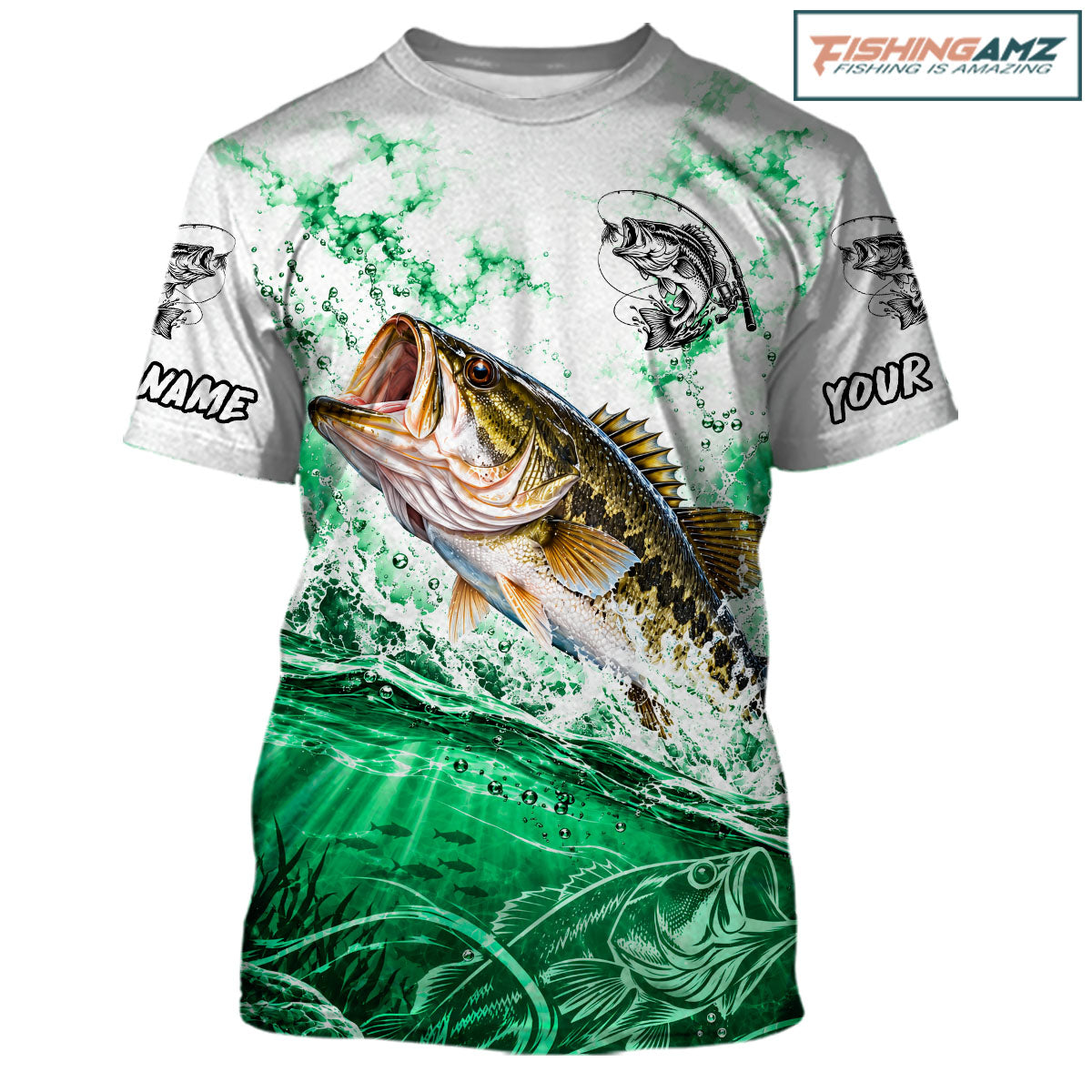 Green Ocean Water Bass Fishing Shirt Short Sleeve Custom Outdoor Sports Performance Jersey NHT1731