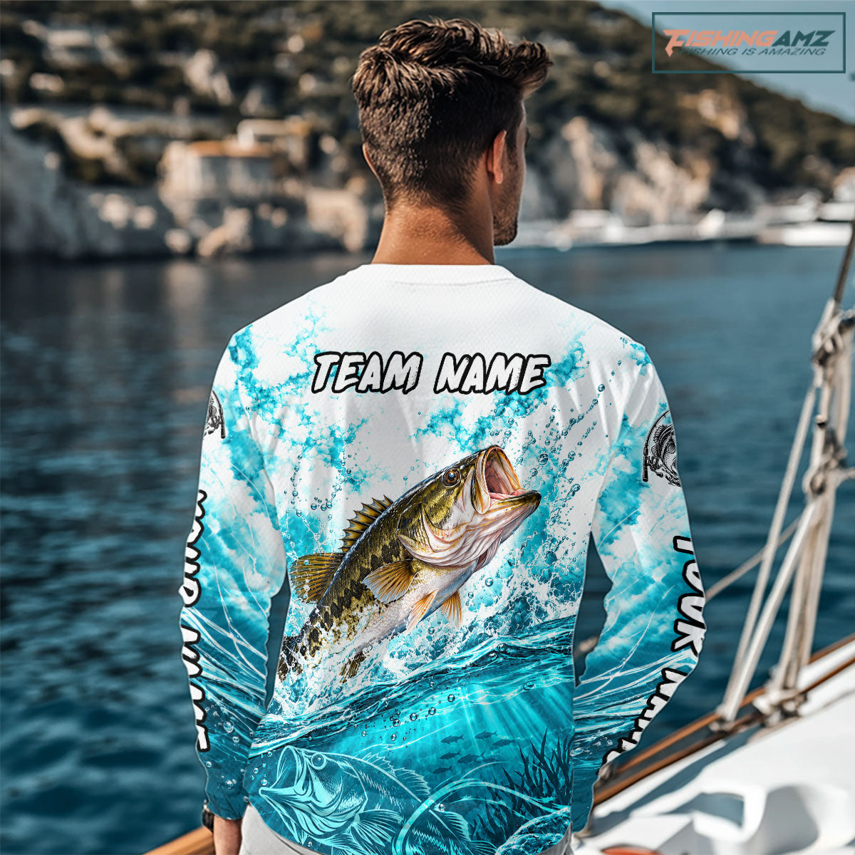 Turquoise Ocean Water Bass Fishing Shirt Custom Outdoor Sports Performance Jersey NHT1732