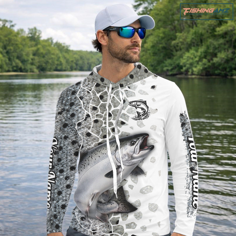 Chinook Salmon (King Salmon) Fishing Camo Performance Fishing Shirts Long Sleeve Hooded For Fisher NHT570