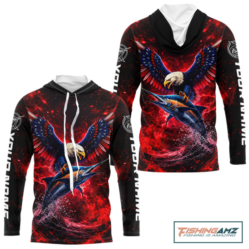 Patriotic Eagle Marlin Fishing Shirt Long Sleeve Hooded, Performance Fishing Shirt NHT428