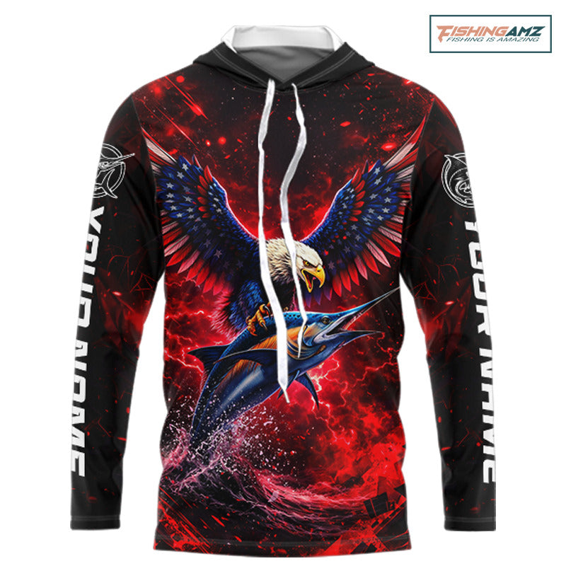 Patriotic Eagle Marlin Fishing Shirt Long Sleeve Hooded, Performance Fishing Shirt NHT428