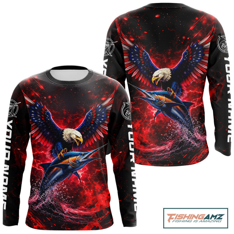 Patriotic Eagle Marlin Fishing Shirt Long Sleeve, Performance Fishing Shirt NHT428