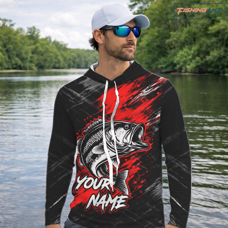 Hooded Personalized Red Bass Fishing Jersey, Largemouth Bass Shirt, Custom Name Fishing Team Shirt NHT1592